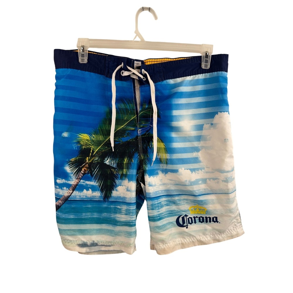 Corona Board Shorts Large Blue Tropical Palm Tree Swim Trunks Mens